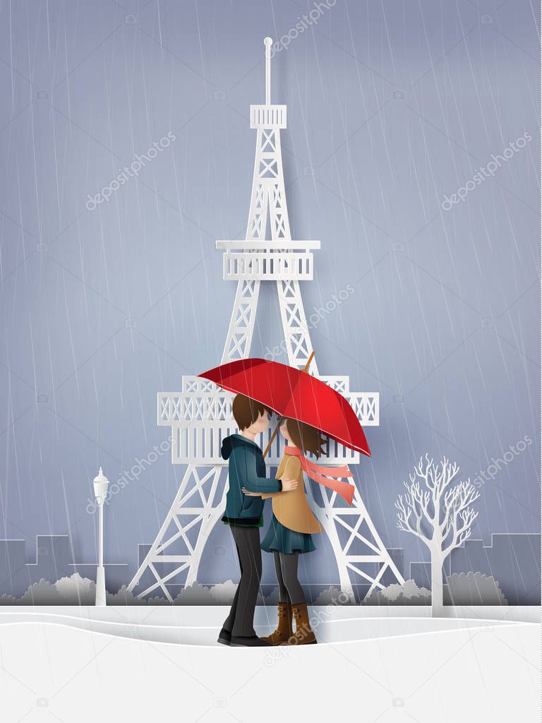 Illustration of Love and rainy season ,Lovers are hugging  in the garden with snow. Paper art and craft style.