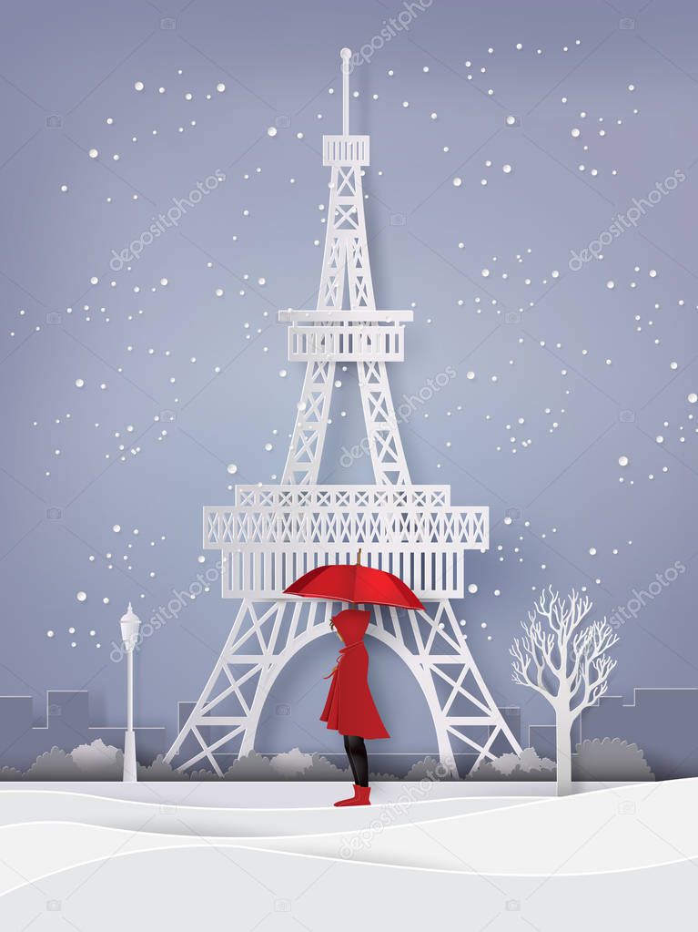 winter season with the girl open  red an umbrella, paper art and craft style.