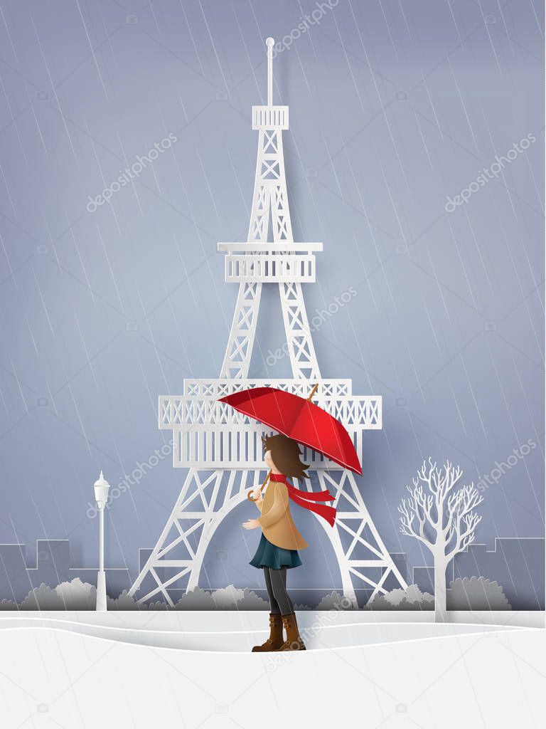 rainy season with the girl open  red an umbrella, paper art and craft style.