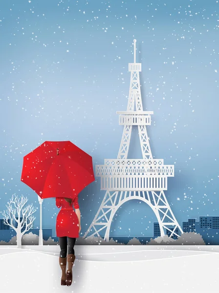 Saison Hiver Une Femme Vêtue Manteau Rouge Tient Parapluie Dans — Image vectorielle