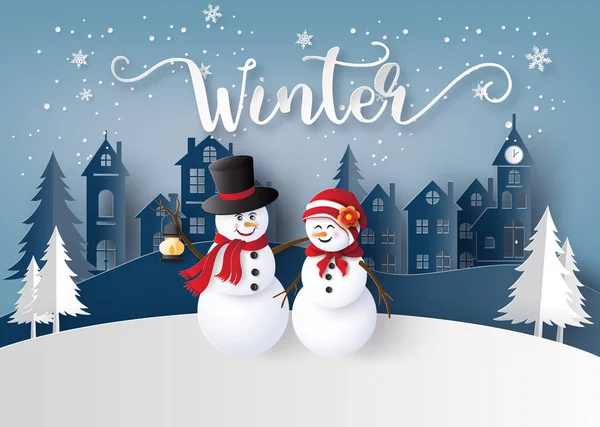 Buon Natale Felice Anno Nuovo Illustrazione Pupazzo Neve Nel Villaggio — Vettoriale Stock