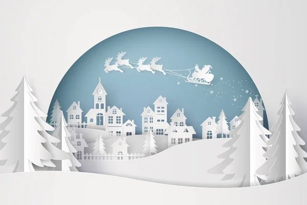 Mutlu Noeller ve mutlu yıllar. Gökyüzünde Noel Baba 'nın resmi. Şehre geliyor. Kağıt sanatı ve zanaat stili..