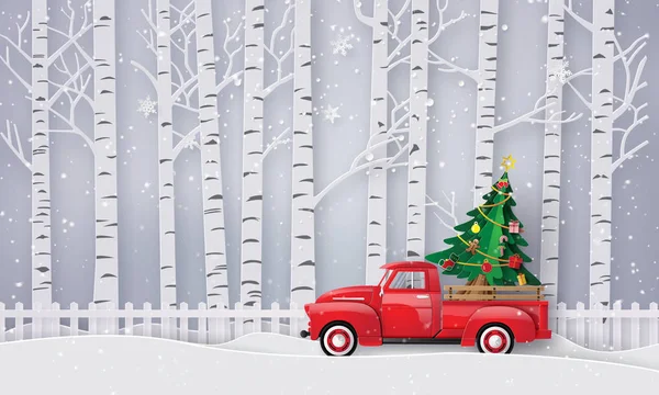  Merry Christmas ve kış sezonu ile kırmızı kamyon kağıt sanatı taşımak Noel ağacı.