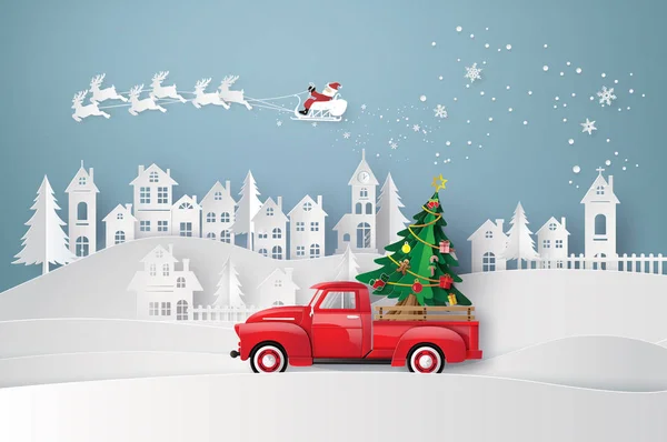 Sanat ve el sanatları tarzı kağıt kış sezonu ve kırmızı kamyon, Noel Baba, mutlu Noeller.