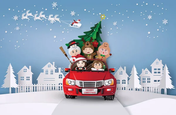 Папір Мистецтво Різдвом Зима Дітьми Червоний Автомобіль — стоковий вектор