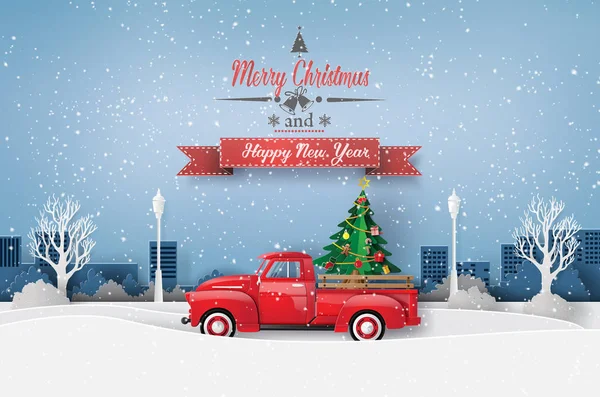 圣诞圣诞和冬季的纸艺术与红色卡车运载圣诞树 — 图库矢量图片