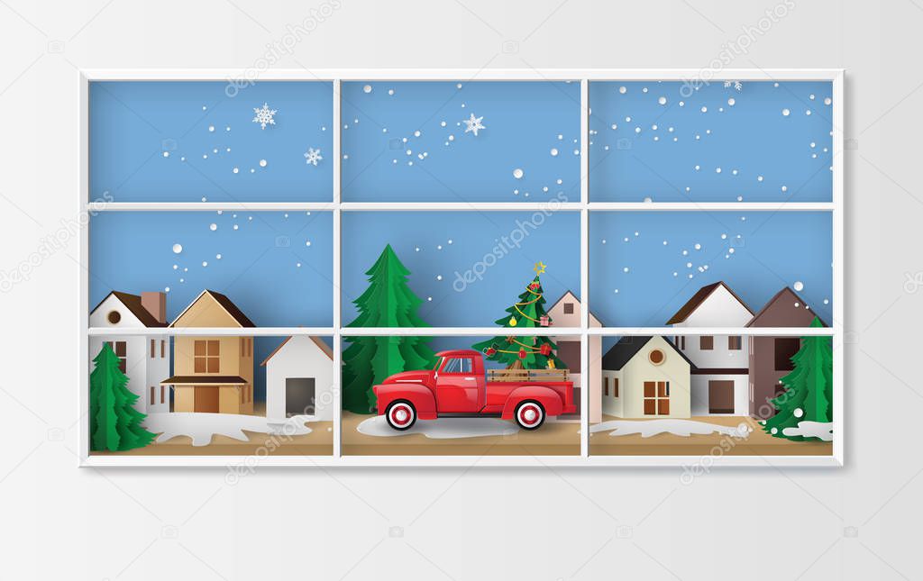 Merry Christmas and Happy New Year. Illustration of red truck in the village,paper art and craft style.