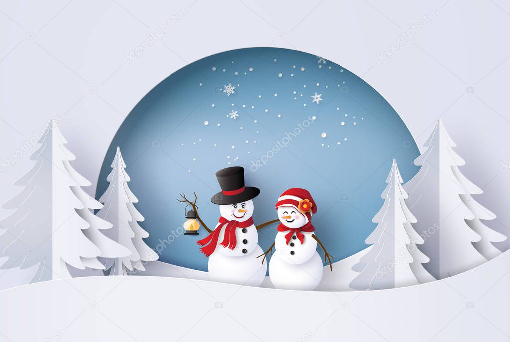 Merry Christmas and Happy New Year. Illustration of snow man in the village,paper art and craft style.