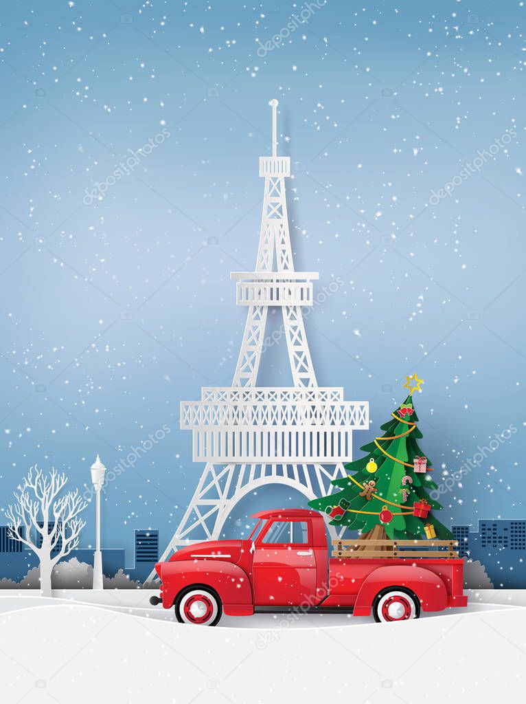  Paper art of Merry Christmas and winter season with red truck carry Christmas tree.