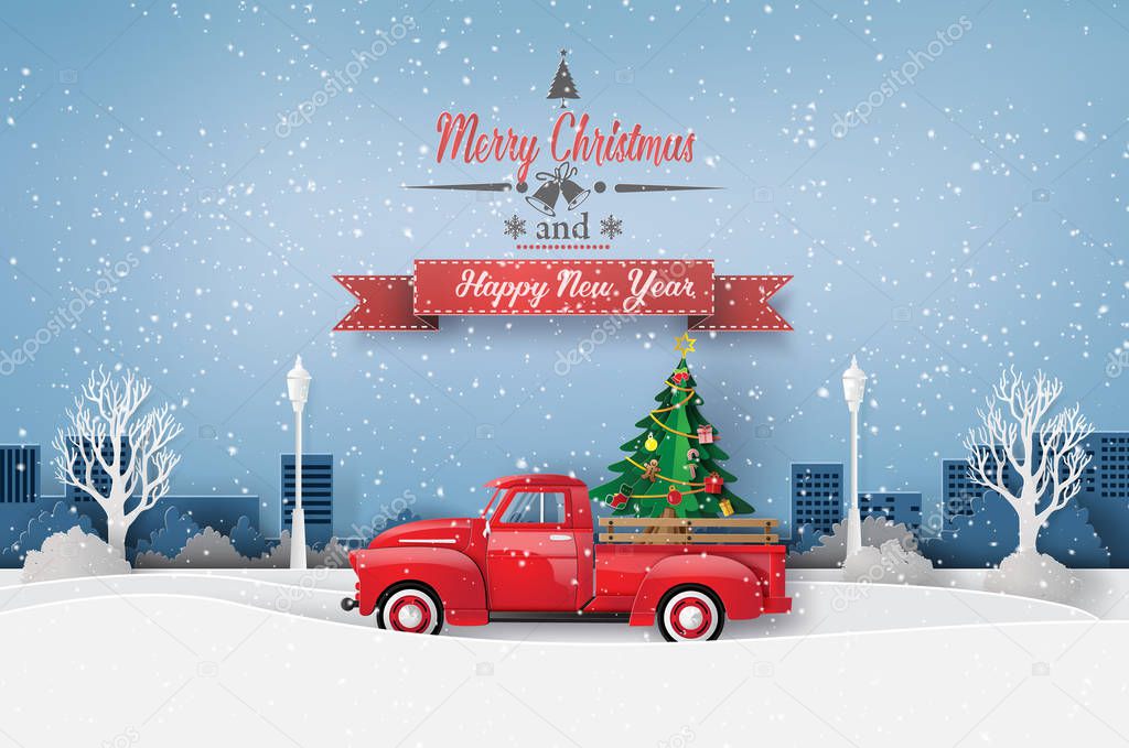  Paper art of Merry Christmas and winter season with red truck carry Christmas tree.