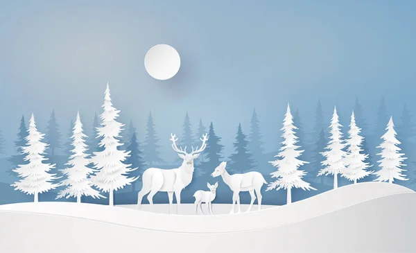 Ilustrace Zimního Období Štědrý Den Jelen Lese Sněhem — Stockový vektor