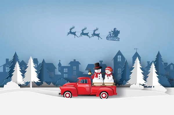 メリー クリスマスと赤いトラックと冬のシーズンのペーパー アートを運ぶクリスマス ツリー — ストックベクタ