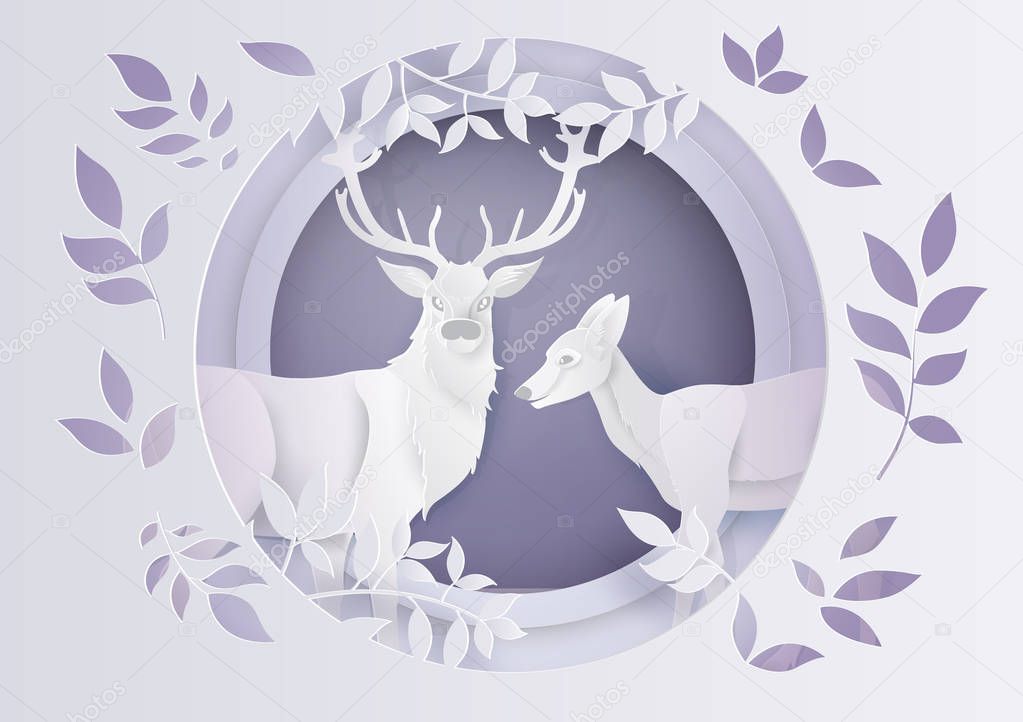 Illustration of winter season and Christmas day Deer in forest with snow.vector paper art style.