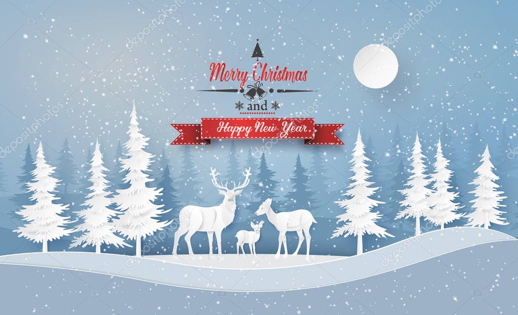 Illustration of winter season and Christmas day Deer in forest with snow,vector paper cut style.