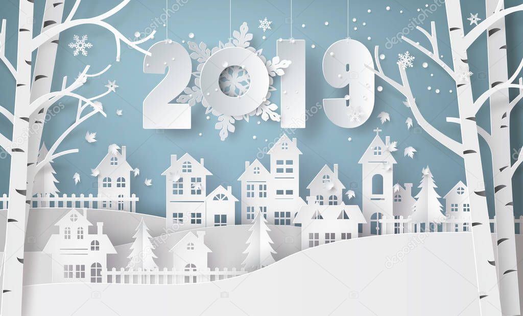 Happy new year and winter season , Snow Urban Countryside Landscape City Village with text 2019,paper art and craft style.