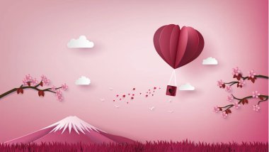 Sevgi ve Sevgililer günü resmi, Origami kalp float gökyüzü ve mountain.paper sanat tarzı ile gökyüzünde uçan sıcak hava balonu yaptı..