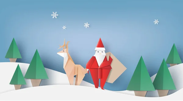 Origami Santa Claus Jest Prowadzenie Worek Prezentów Renifery Choinki Styl — Wektor stockowy