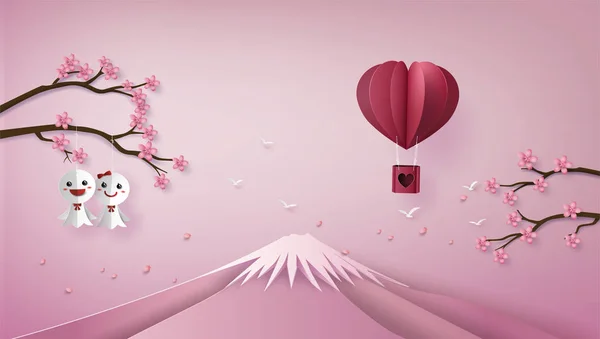 Illustration Kärlek Och Alla Hjärtans Dag Origami Gjort Luftballong Flyger — Stock vektor