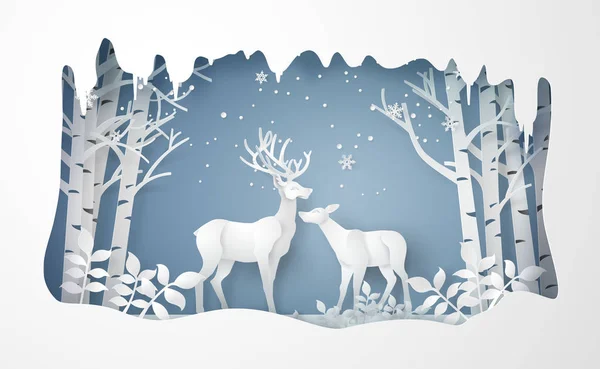 Cervo Nella Foresta Con Neve Stile Arte Carta Vettoriale — Vettoriale Stock
