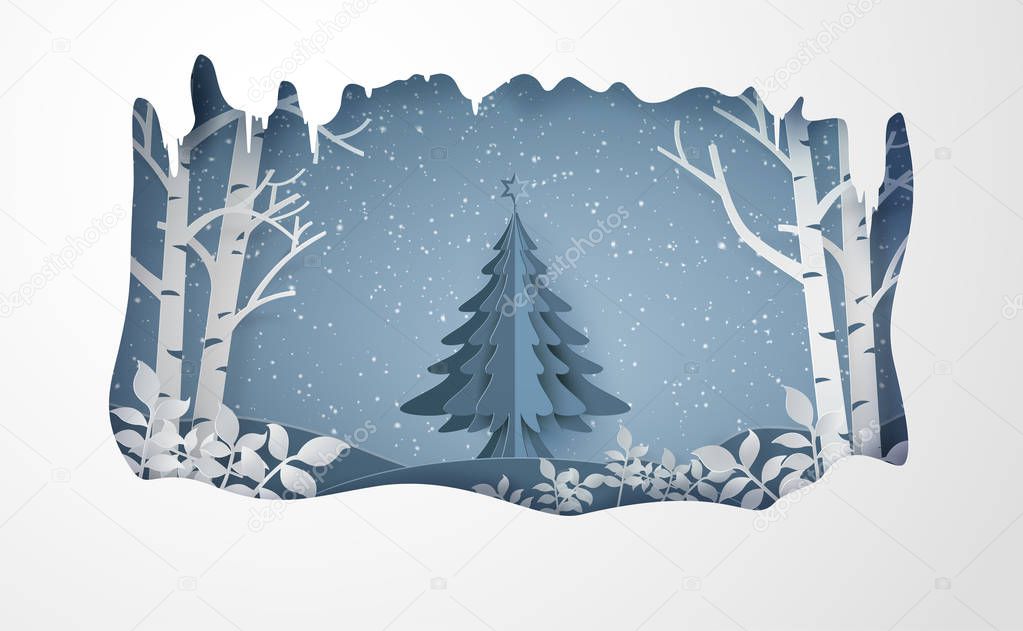 Merry Christmas and winter with snow and Christmas tree.paper art style.