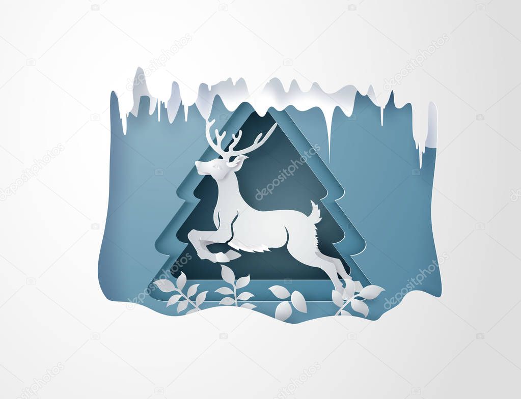 Christmas and  winter Greeting Card with snowflake and deer , Paper art cut style.