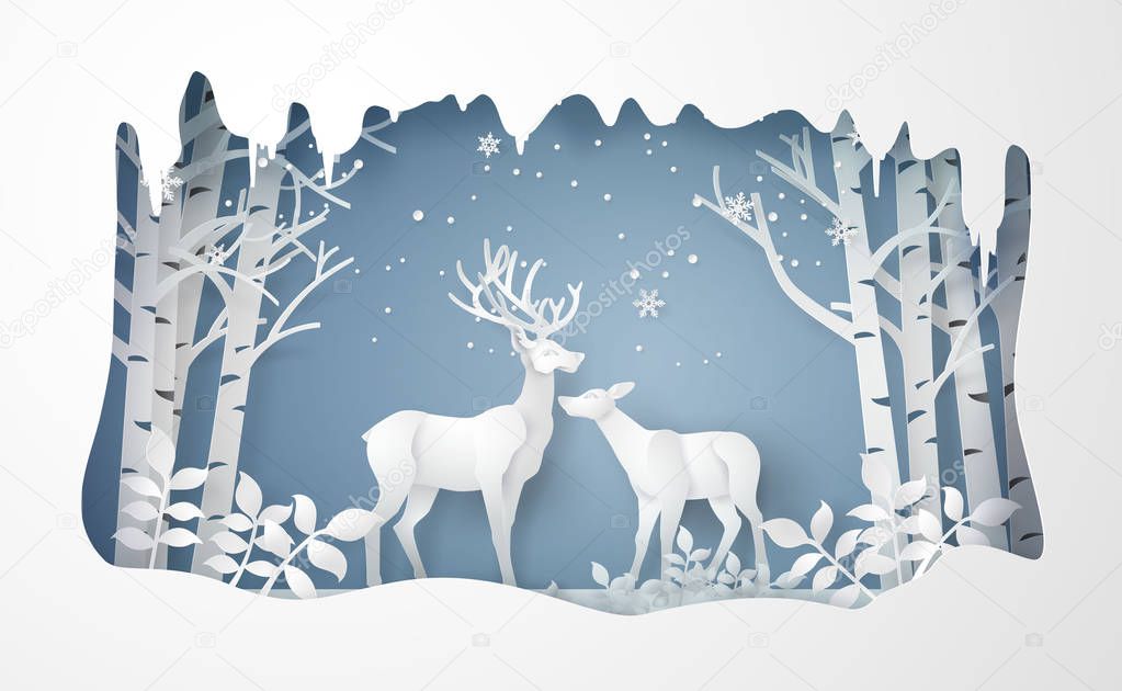 Deer in forest with snow.vector paper art style.