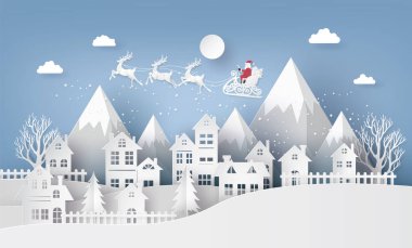 Mutlu Noeller ve mutlu yeni yıl. İllüstrasyon sanat 3d ve el sanatları tarzı Noel baba şehre geliyor gökyüzü ile kağıt