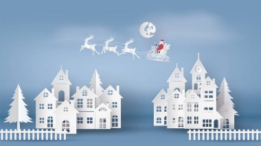 Mutlu Noeller ve mutlu yeni yıl. İllüstrasyon sanat 3d ve el sanatları tarzı Noel baba şehre geliyor gökyüzü ile kağıt