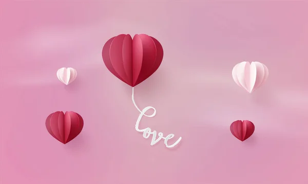Illustration Kærlighed Valentinsdag Origami Gjort Varmluftsballon Flyver Himlen Med Hjerte – Stock-vektor