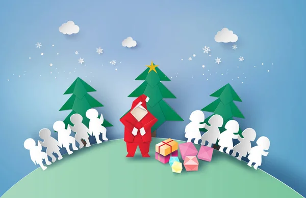Śnięty Mikołaj Dziećmi Trzymając Ręce Pudełeczka Jodła Origami Styl Papieru — Wektor stockowy