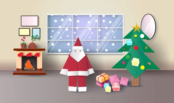 Boże Narodzenie Pokój Wnętrze Santa Klauzuli Jodła Origami Prezenty Kominek — Wektor stockowy