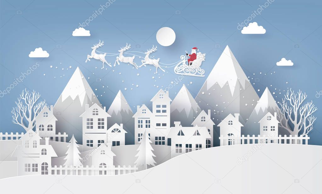 Merry Christmas and Happy New Year. Illustration of Santa Claus on the sky coming to City ,paper art  3D and craft style