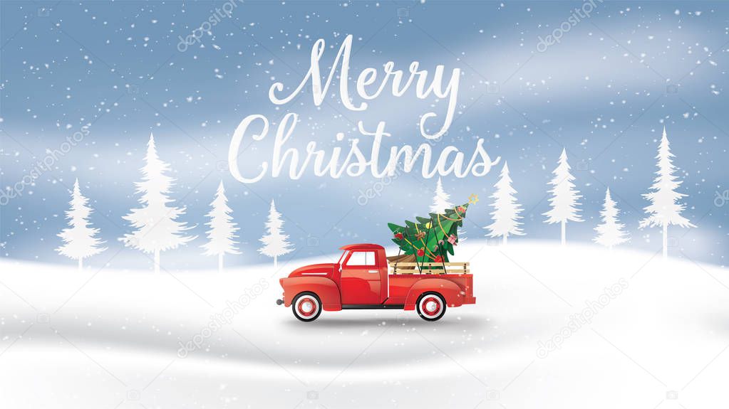 Merry Christmas and Happy New Year  with red truck and Christmas tree, paper art 3D style.
