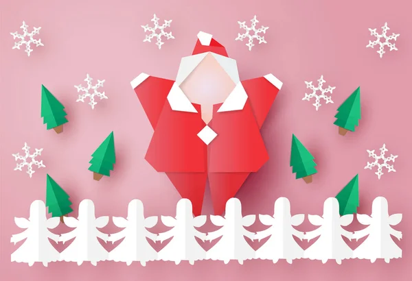 Noel Baba Origami Elleri Küçük Melekler Kağıt Zincirleri Vektör Çizim — Stok Vektör