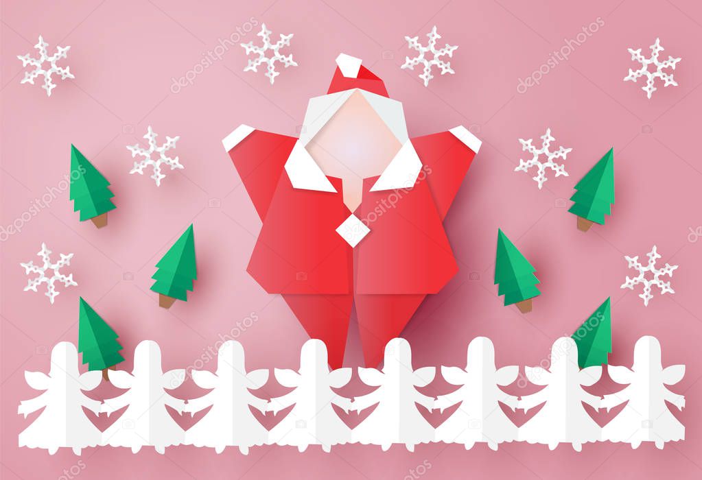 Santa Clause origami is hands up with little angels paper chains,vector illustration paper art style.