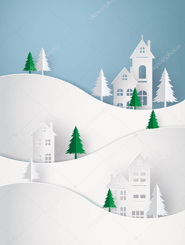 Winter Snow Urban Countryside Landscape City Village Happy new year and Merry Christmas,paper art 3D with digital craft.