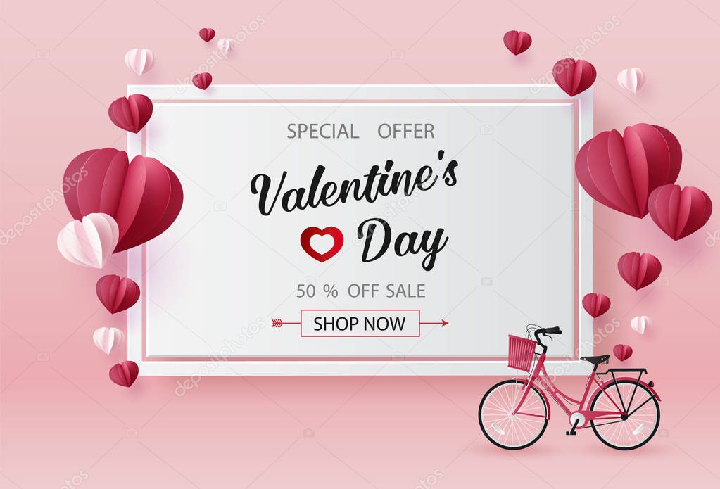 Valentines day sale with  Balloon heart shape, paper art 3d from digital craft style.
