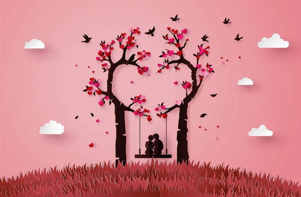 Dos Enamorados Bajo Árbol Amor — Vector de stock