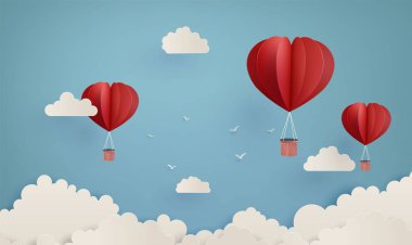 Sevgi ve Sevgililer günü resmi, Origami yapılan kalp kağıt sanat ile gökyüzü üzerinde uçan sıcak hava balonu 3d dijital craft dan.