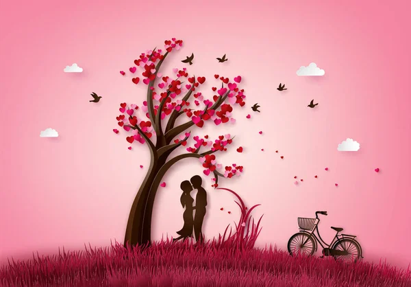 Illustration Love Valentine Day Two Enamored Love Tree Paper Digital — стоковый вектор