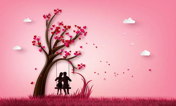 Illustration Von Zwei Verliebt Unter Einem Liebesbaum Papierkunst Form Digitales — Stockvektor