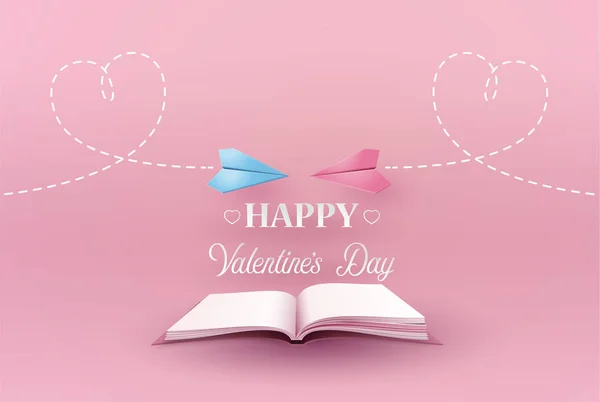 Concept Saint Valentin Avec Avion Papier Volant Sur Livre Art — Image vectorielle