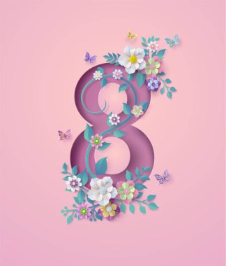 Dünya Kadınlar günü 8 Mart çiçek ve yaprakları, kağıt sanat çerçeve ile 3d dijital zanaat Stili'nden.