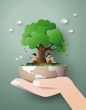 Ekoloji ve çevre ile çocuk kavramı ağacın altında bir kitap okuyun. Kağıt Sanat 3d dijital el sanatları tarzı.