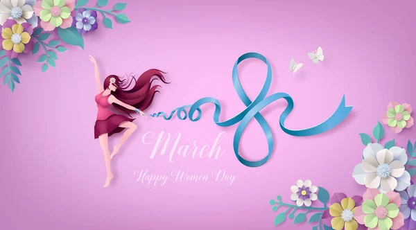 Internationaler Frauentag März Mit Rahmen Aus Blumen Und Blättern Papierkunst — Stockvektor