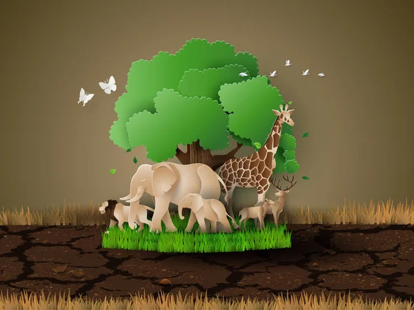 Journée Mondiale Vie Sauvage Avec Animal Dans Forêt Art Papier — Image vectorielle