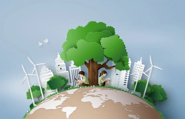 Eco Medio Ambiente Concepto Con Los Niños Leen Libro Bajo — Vector de stock