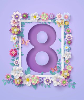 Uluslararası Kadınlar Günü 8. Yürüyüşü çiçek ve yaprak çerçevesiyle, kağıt sanatı tarzında..