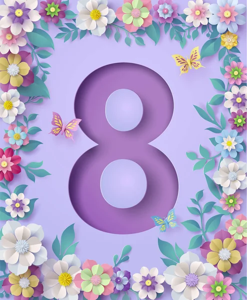 Uluslararası Kadınlar Günü 8. Yürüyüşü çiçek ve yaprak çerçevesiyle, kağıt sanatı tarzında..