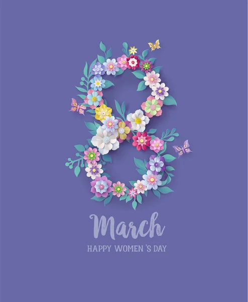 Internationaler Frauentag März Mit Rahmen Aus Blumen Und Blättern Papierkunst — Stockvektor